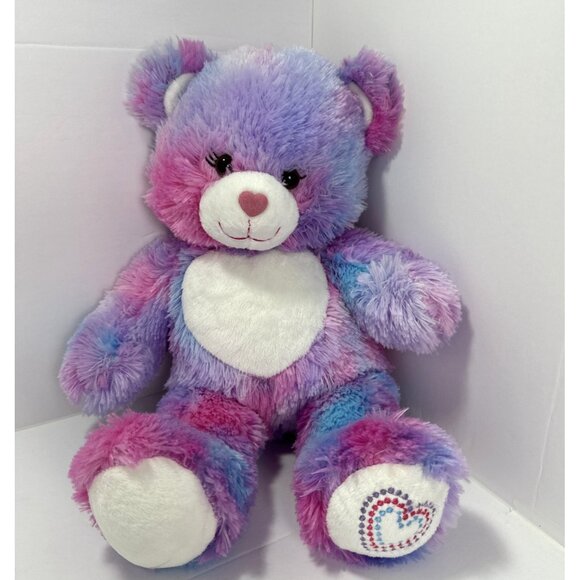 Build-A-Bear Rainbow Teddy Bear Plush 16”Pink Purple Blue Heart Embroidery Patch - Picture 5 of 12